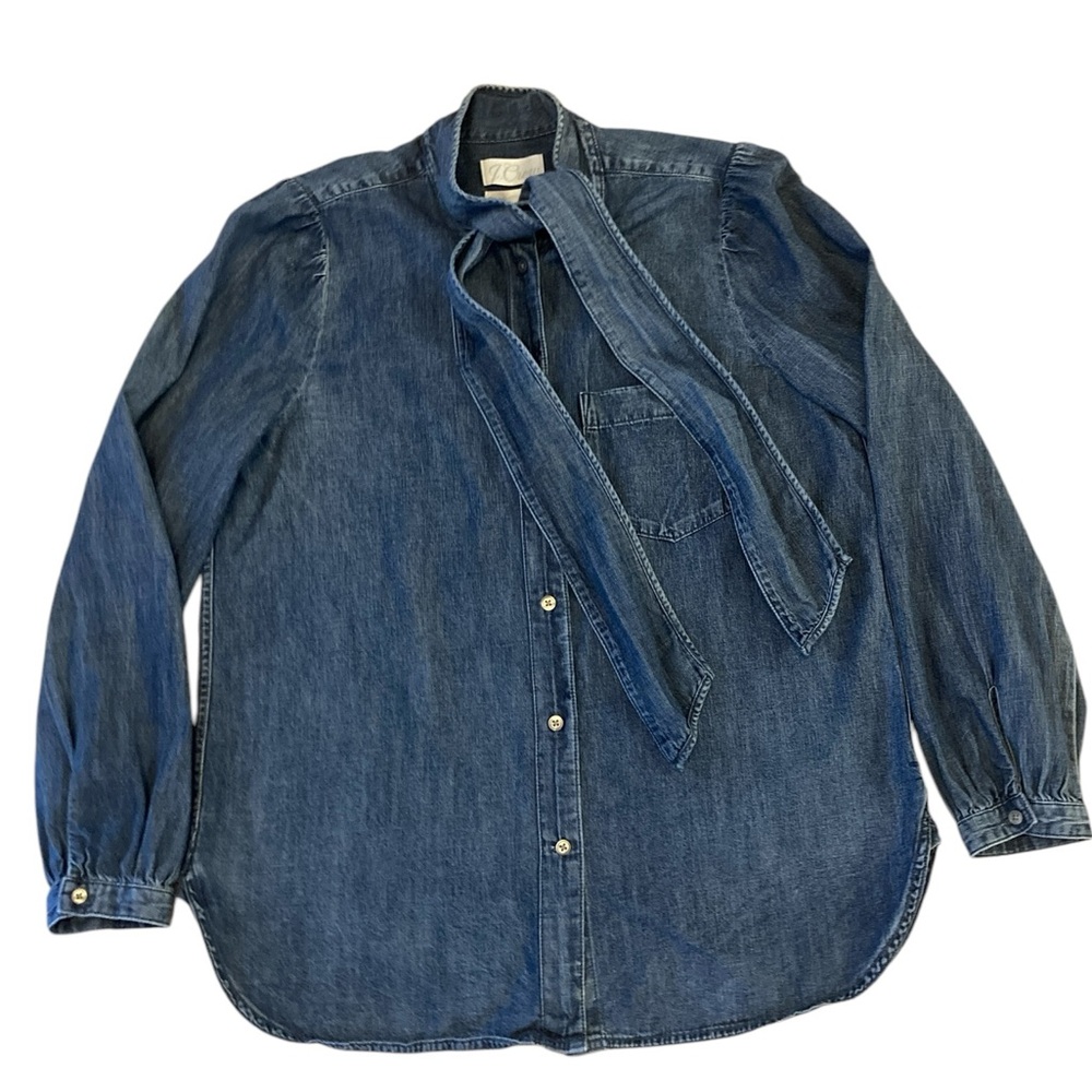 J. Crew Blue Denim Blouse with Puffed Sleeves